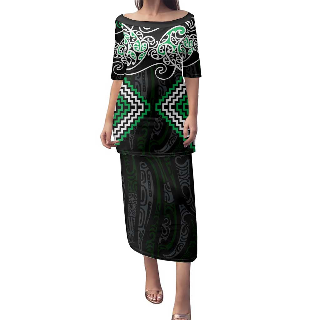 Green Aotearoa Tukutuku Manawa Tapu Family Matching Puletasi and Hawaiian Shirt Ta Moko Toi Maori LT9 Mom's Dress Green - Polynesian Pride
