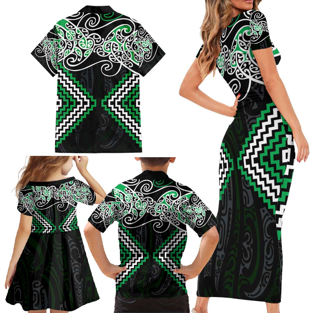 Green Aotearoa Tukutuku Manawa Tapu Family Matching Short Sleeve Bodycon Dress and Hawaiian Shirt Ta Moko Toi Maori LT9 - Polynesian Pride