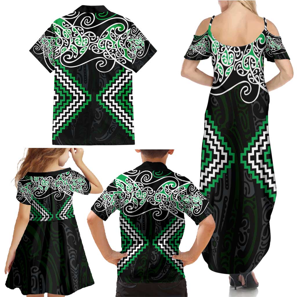 Green Aotearoa Tukutuku Manawa Tapu Family Matching Summer Maxi Dress and Hawaiian Shirt Ta Moko Toi Maori LT9 - Polynesian Pride