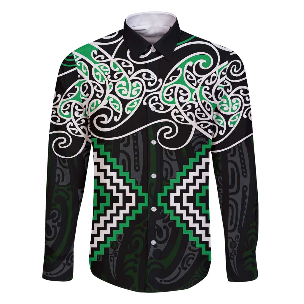 Green Aotearoa Tukutuku Manawa Tapu Family Matching Summer Maxi Dress and Hawaiian Shirt Ta Moko Toi Maori LT9 Dad's Shirt - Long Sleeve Green - Polynesian Pride