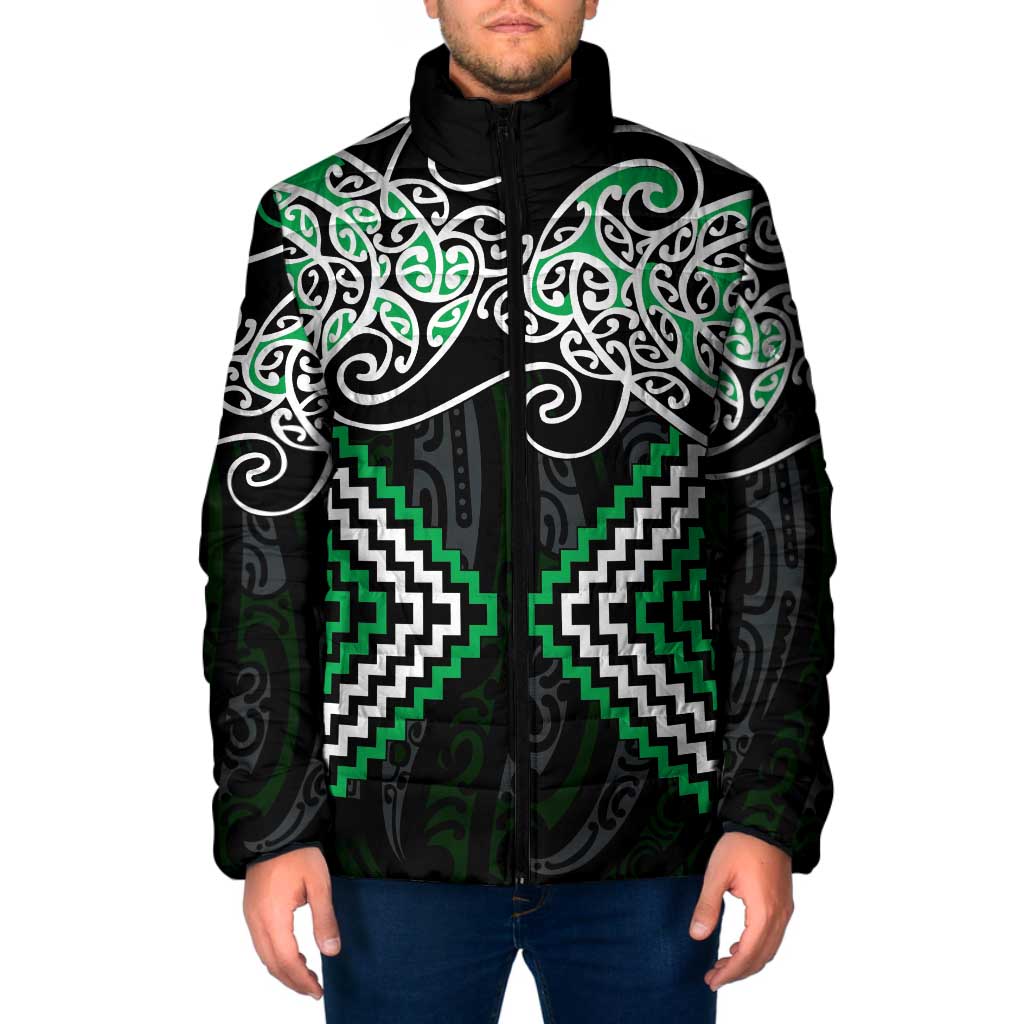 Green Aotearoa Tukutuku Manawa Tapu Padded Jacket Ta Moko Toi Maori - Polynesian Pride