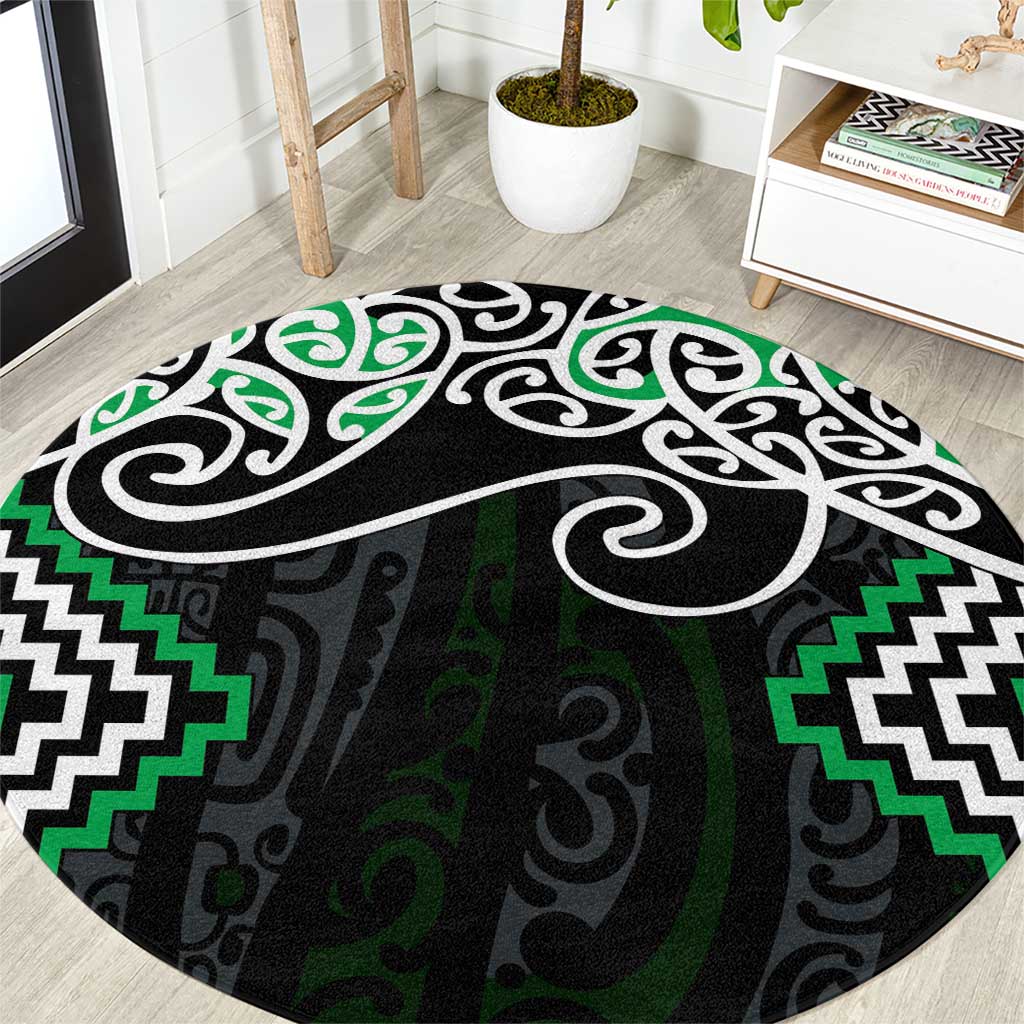 Green Aotearoa Tukutuku Manawa Tapu Round Carpet Ta Moko Toi Maori LT9 Green - Polynesian Pride