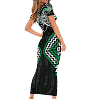 Green Aotearoa Tukutuku Manawa Tapu Short Sleeve Bodycon Dress Ta Moko Toi Maori LT9 - Polynesian Pride