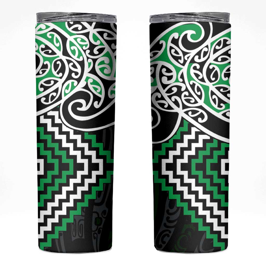 Green Aotearoa Tukutuku Manawa Tapu Skinny Tumbler Ta Moko Toi Maori LT9 Green - Polynesian Pride