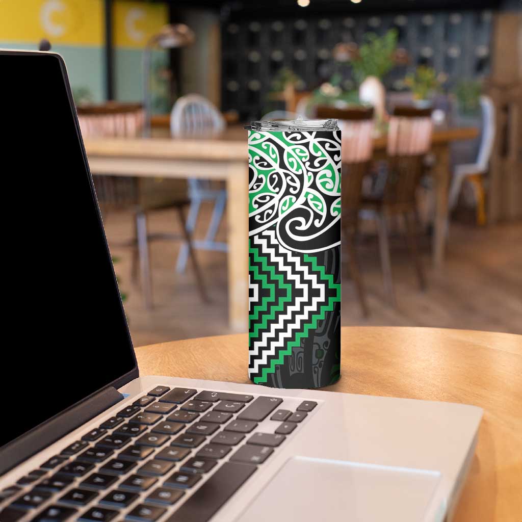 Green Aotearoa Tukutuku Manawa Tapu Skinny Tumbler Ta Moko Toi Maori LT9 - Polynesian Pride