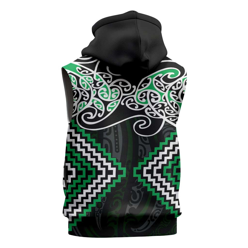 Green Aotearoa Tukutuku Manawa Tapu Sleeveless Hoodie Ta Moko Toi Maori - Polynesian Pride