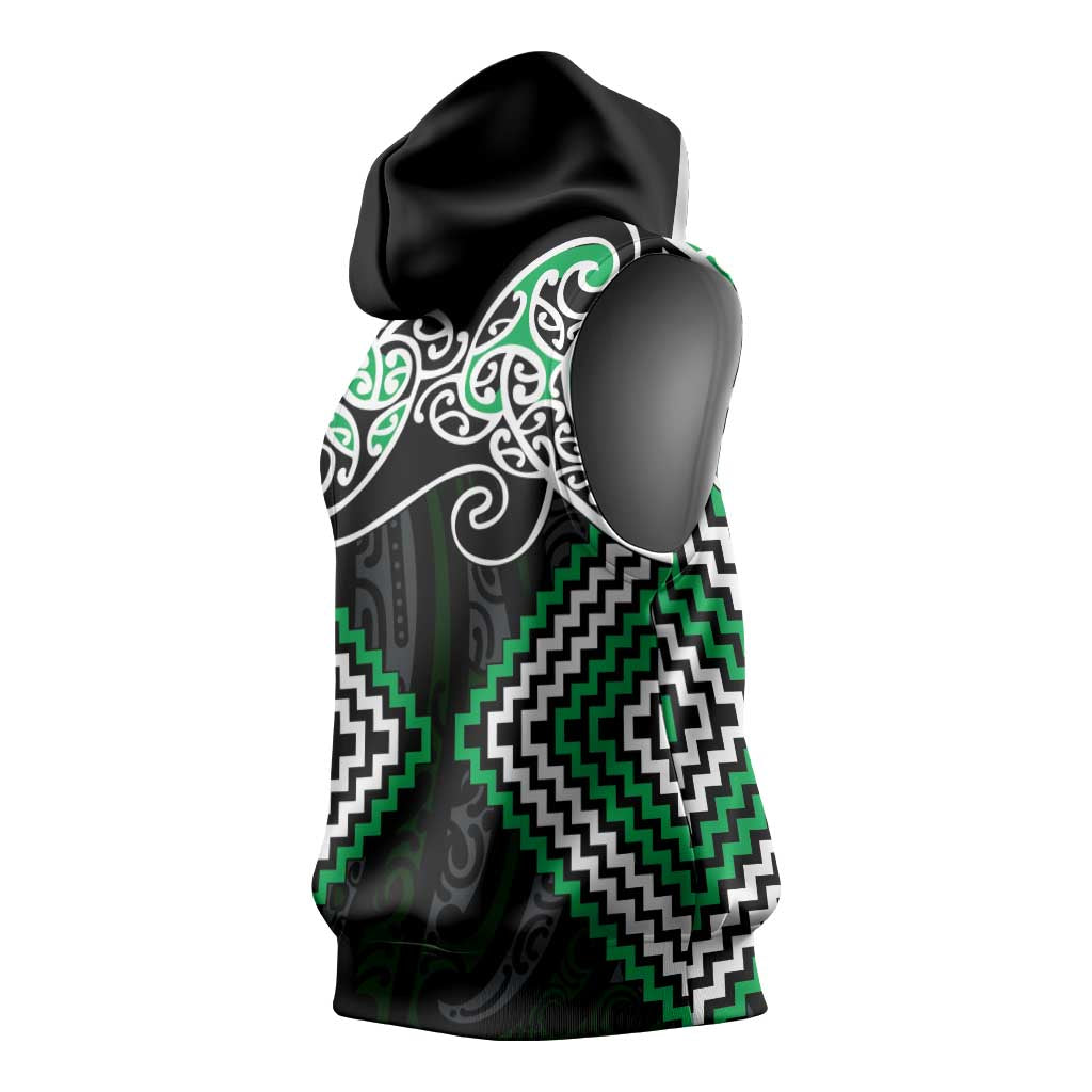 Green Aotearoa Tukutuku Manawa Tapu Sleeveless Hoodie Ta Moko Toi Maori - Polynesian Pride
