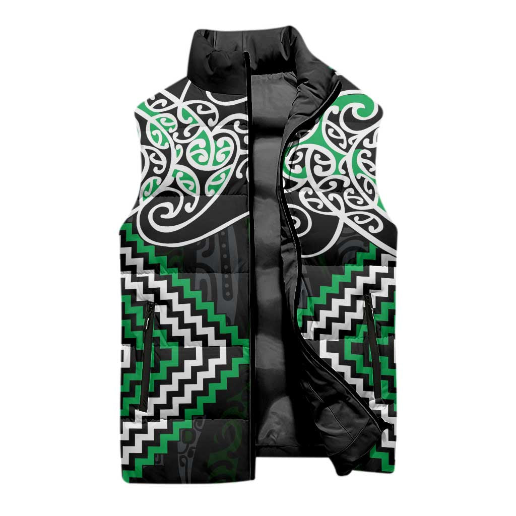 Green Aotearoa Tukutuku Manawa Tapu Sleeveless Puffer Jacket Ta Moko Toi Maori - Polynesian Pride