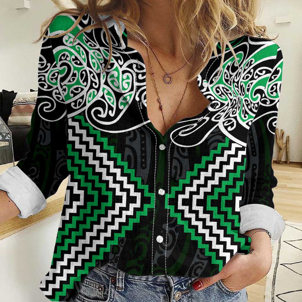 Green Aotearoa Tukutuku Manawa Tapu Women Casual Shirt Ta Moko Toi Maori LT9 Female Green - Polynesian Pride