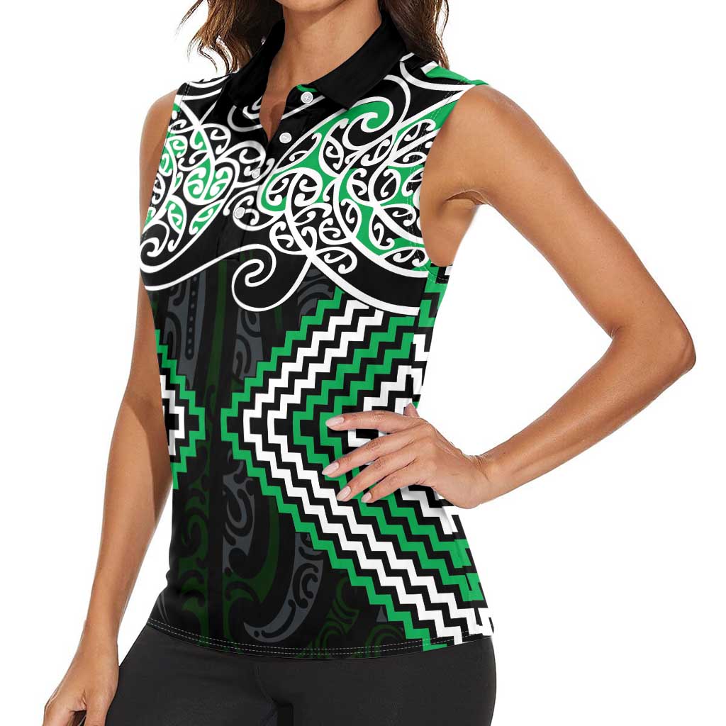 Green Aotearoa Tukutuku Manawa Tapu Women Sleeveless Polo Shirt Ta Moko Toi Maori