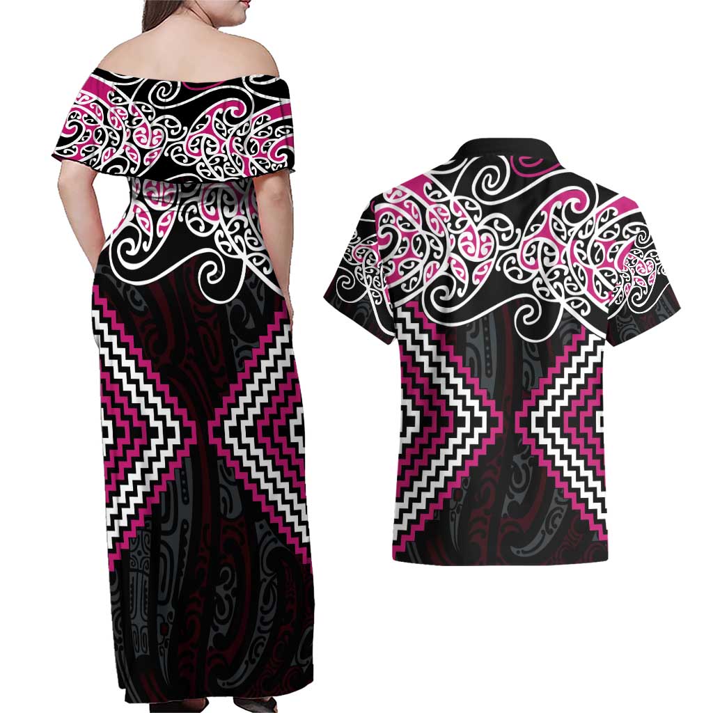 Pink Aotearoa Tukutuku Manawa Tapu Couples Matching Off Shoulder Maxi Dress and Hawaiian Shirt Ta Moko Toi Maori LT9 - Polynesian Pride
