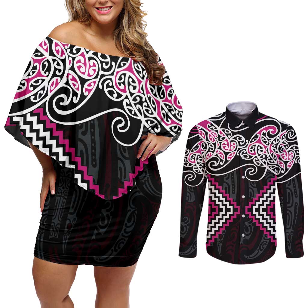 Pink Aotearoa Tukutuku Manawa Tapu Couples Matching Off Shoulder Short Dress and Long Sleeve Button Shirt Ta Moko Toi Maori LT9 Pink - Polynesian Pride