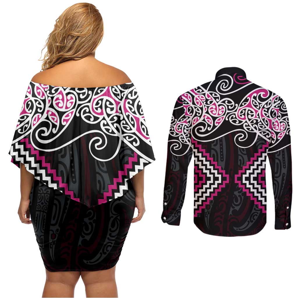 Pink Aotearoa Tukutuku Manawa Tapu Couples Matching Off Shoulder Short Dress and Long Sleeve Button Shirt Ta Moko Toi Maori LT9 - Polynesian Pride