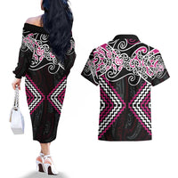 Pink Aotearoa Tukutuku Manawa Tapu Couples Matching Off The Shoulder Long Sleeve Dress and Hawaiian Shirt Ta Moko Toi Maori LT9 - Polynesian Pride