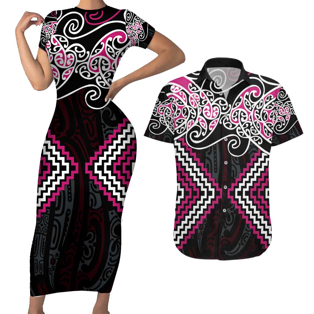 Pink Aotearoa Tukutuku Manawa Tapu Couples Matching Short Sleeve Bodycon Dress and Hawaiian Shirt Ta Moko Toi Maori LT9 Pink - Polynesian Pride