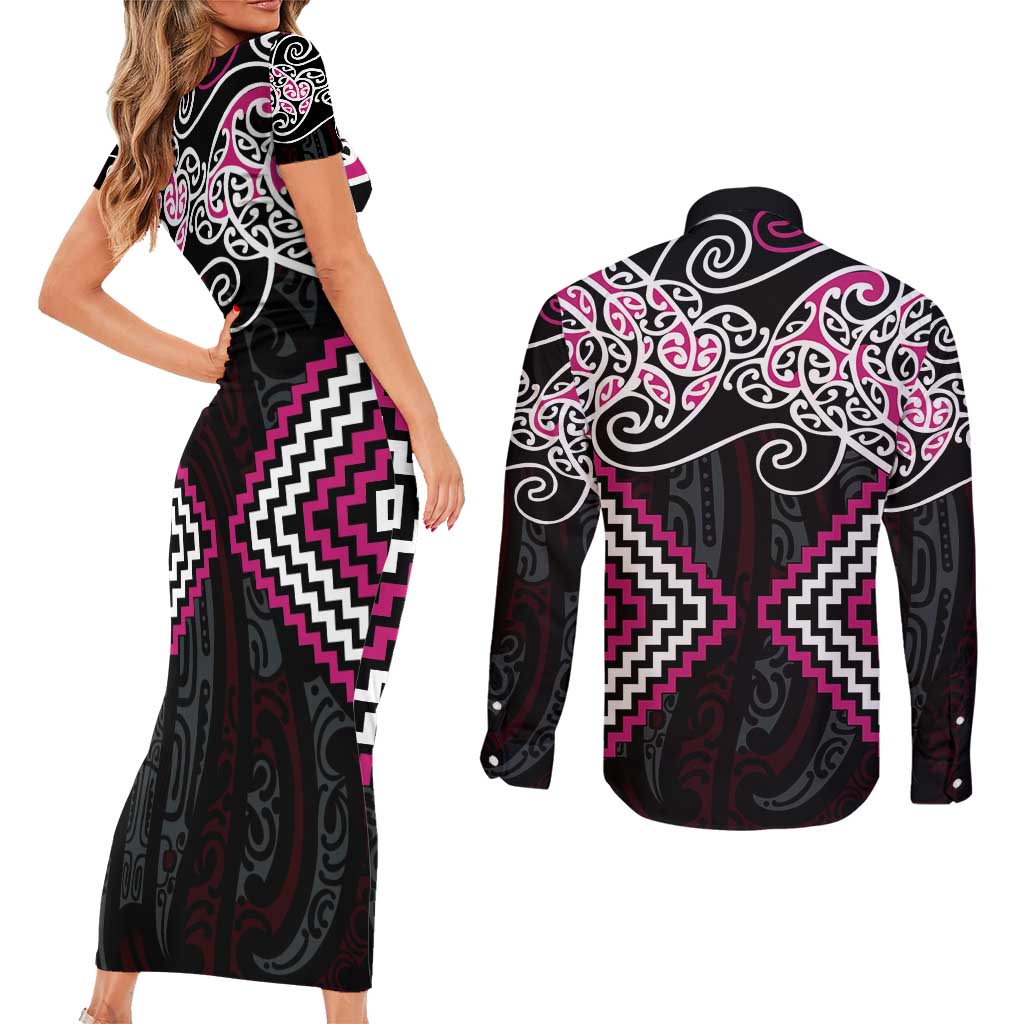 Pink Aotearoa Tukutuku Manawa Tapu Couples Matching Short Sleeve Bodycon Dress and Long Sleeve Button Shirt Ta Moko Toi Maori LT9 - Polynesian Pride