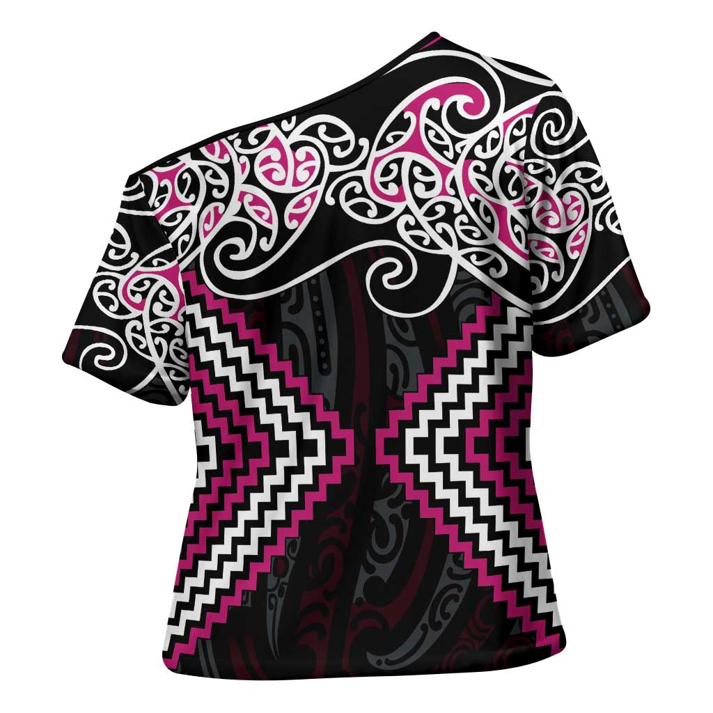 Pink Aotearoa Tukutuku Manawa Tapu Cross Shoulder Shirt Ta Moko Toi Maori - Polynesian Pride