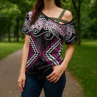 Pink Aotearoa Tukutuku Manawa Tapu Cross Shoulder Shirt Ta Moko Toi Maori - Polynesian Pride