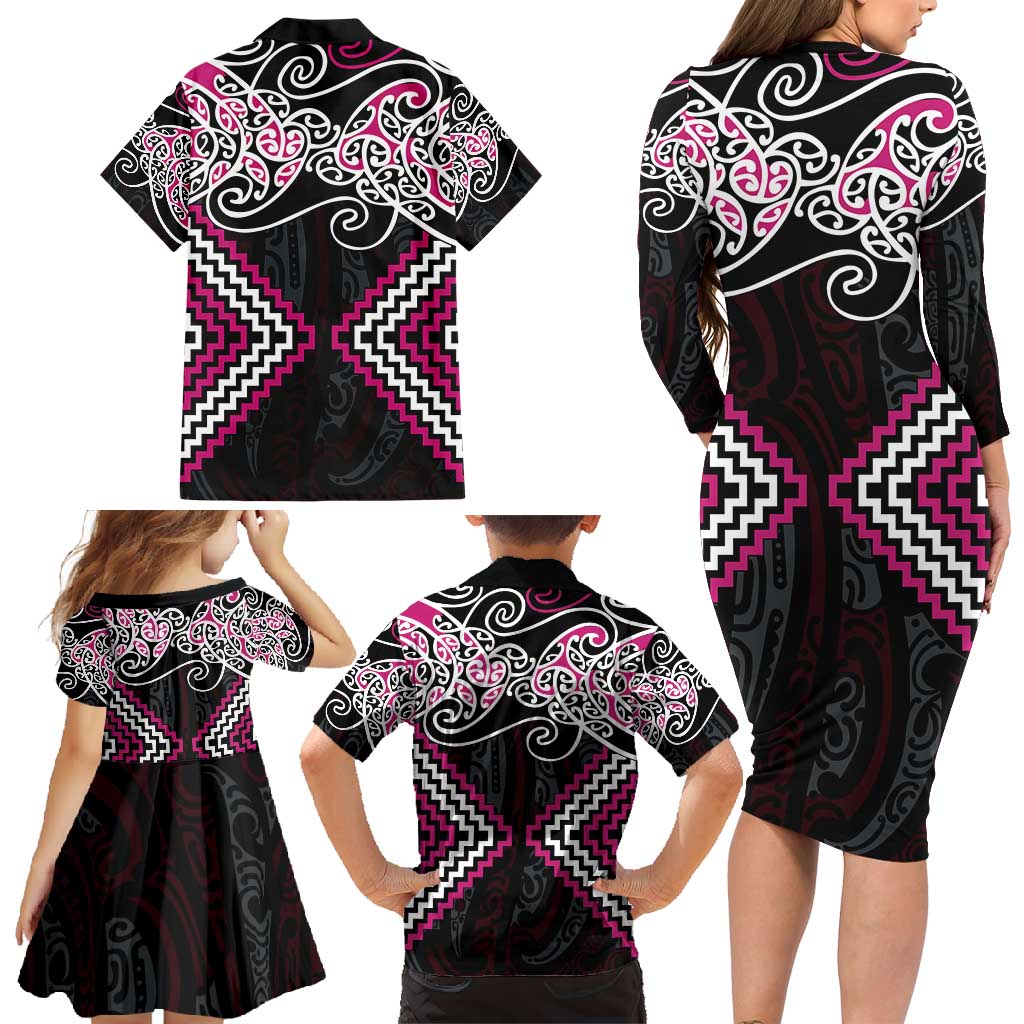 Pink Aotearoa Tukutuku Manawa Tapu Family Matching Long Sleeve Bodycon Dress and Hawaiian Shirt Ta Moko Toi Maori LT9 - Polynesian Pride