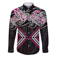Pink Aotearoa Tukutuku Manawa Tapu Family Matching Long Sleeve Bodycon Dress and Hawaiian Shirt Ta Moko Toi Maori LT9 Dad's Shirt - Long Sleeve Pink - Polynesian Pride