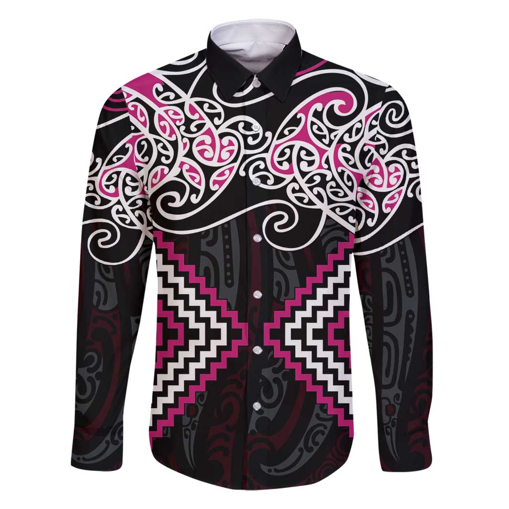 Pink Aotearoa Tukutuku Manawa Tapu Family Matching Mermaid Dress and Hawaiian Shirt Ta Moko Toi Maori LT9 Dad's Shirt - Long Sleeve Pink - Polynesian Pride