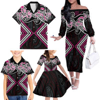 Pink Aotearoa Tukutuku Manawa Tapu Family Matching Off The Shoulder Long Sleeve Dress and Hawaiian Shirt Ta Moko Toi Maori LT9 - Polynesian Pride