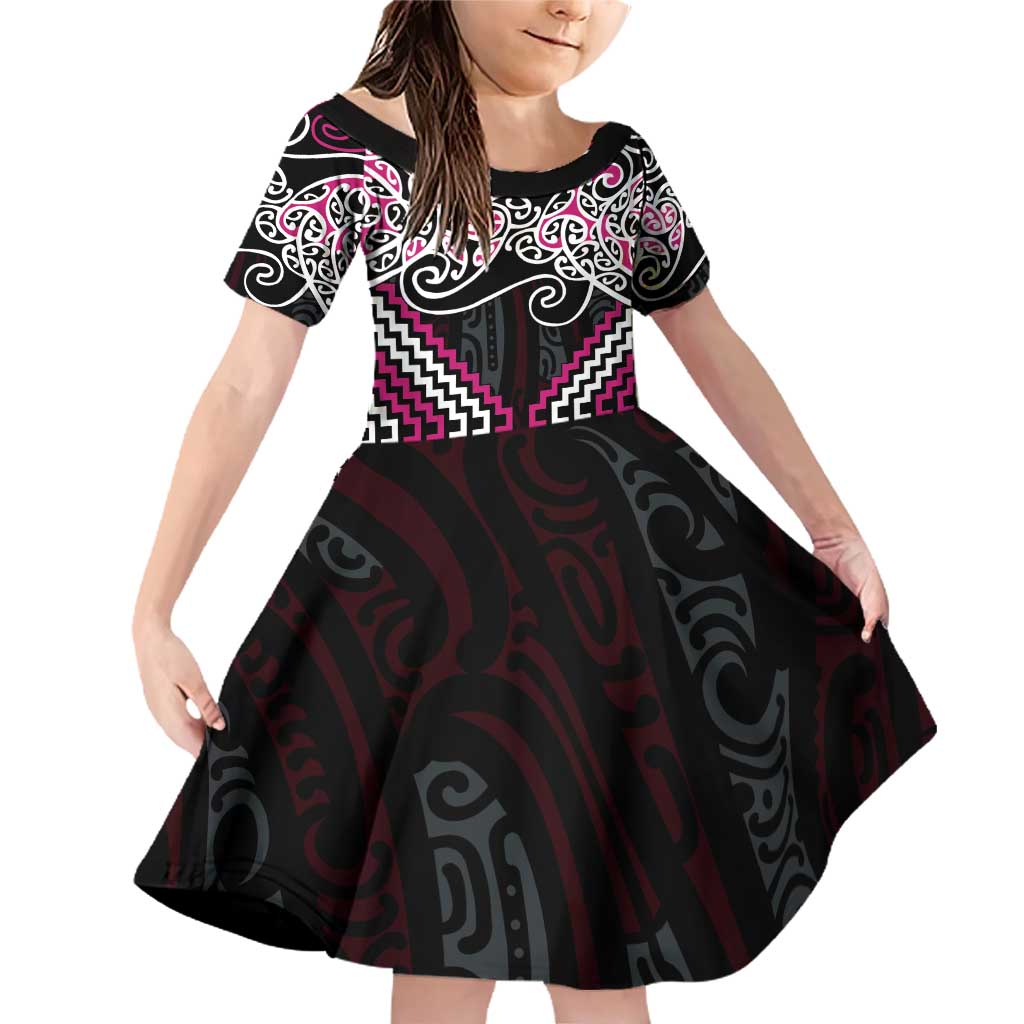 Pink Aotearoa Tukutuku Manawa Tapu Family Matching Off Shoulder Short Dress and Hawaiian Shirt Ta Moko Toi Maori LT9 Daughter's Dress Pink - Polynesian Pride