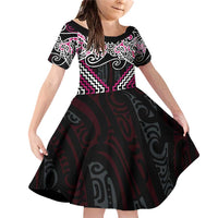 Pink Aotearoa Tukutuku Manawa Tapu Family Matching Off Shoulder Short Dress and Hawaiian Shirt Ta Moko Toi Maori LT9 Daughter's Dress Pink - Polynesian Pride