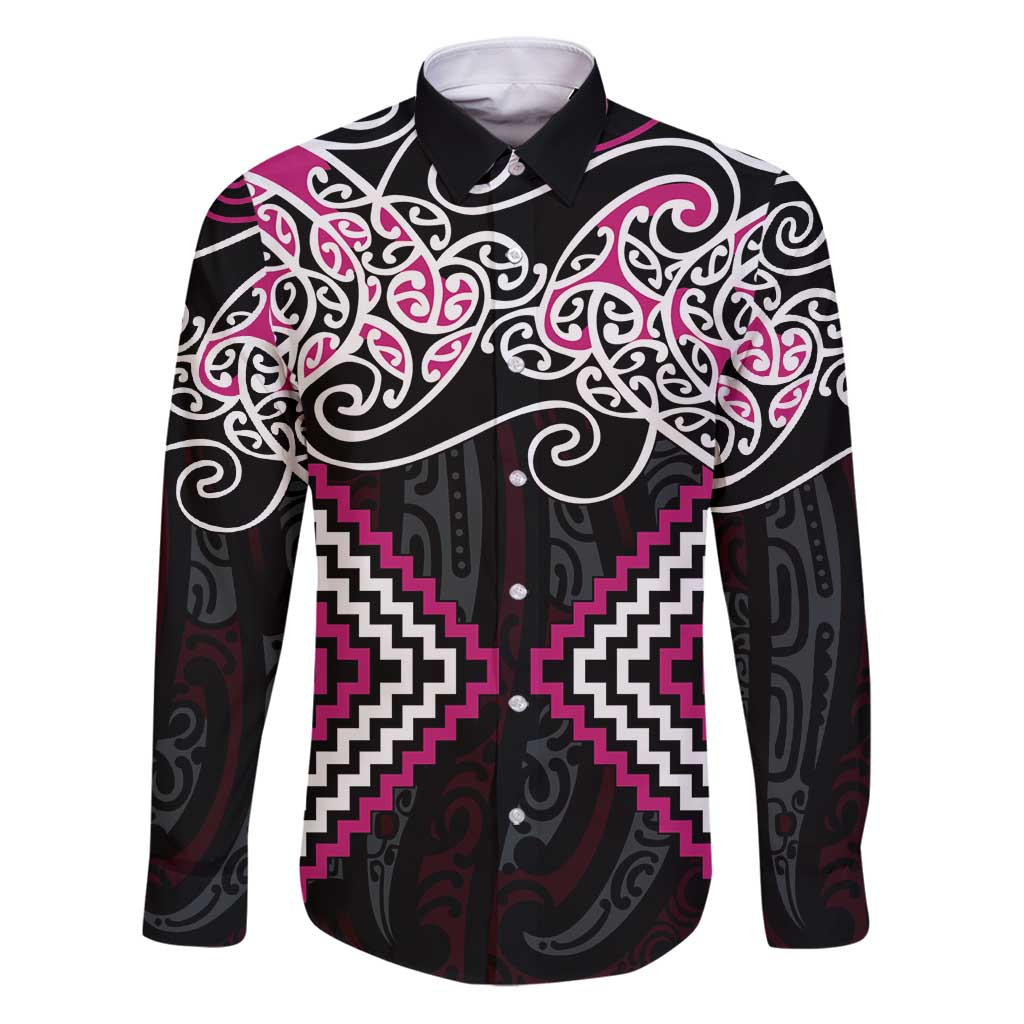 Pink Aotearoa Tukutuku Manawa Tapu Family Matching Puletasi and Hawaiian Shirt Ta Moko Toi Maori LT9 Dad's Shirt - Long Sleeve Pink - Polynesian Pride