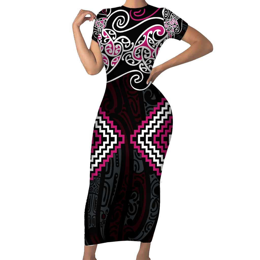 Pink Aotearoa Tukutuku Manawa Tapu Family Matching Short Sleeve Bodycon Dress and Hawaiian Shirt Ta Moko Toi Maori LT9 Mom's Dress Pink - Polynesian Pride