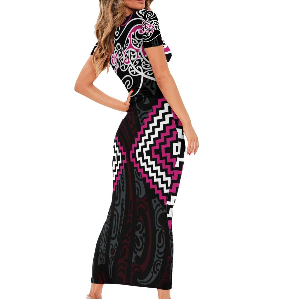 Pink Aotearoa Tukutuku Manawa Tapu Family Matching Short Sleeve Bodycon Dress and Hawaiian Shirt Ta Moko Toi Maori LT9 - Polynesian Pride