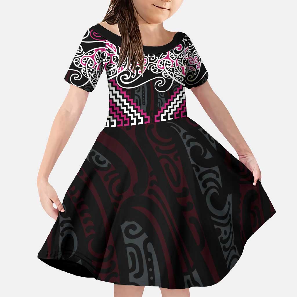 Pink Aotearoa Tukutuku Manawa Tapu Family Matching Summer Maxi Dress and Hawaiian Shirt Ta Moko Toi Maori LT9 Daughter's Dress Pink - Polynesian Pride