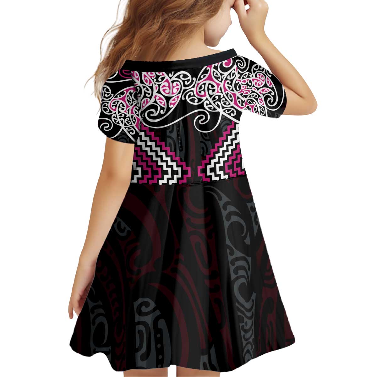 Pink Aotearoa Tukutuku Manawa Tapu Kid Short Sleeve Dress Ta Moko Toi Maori