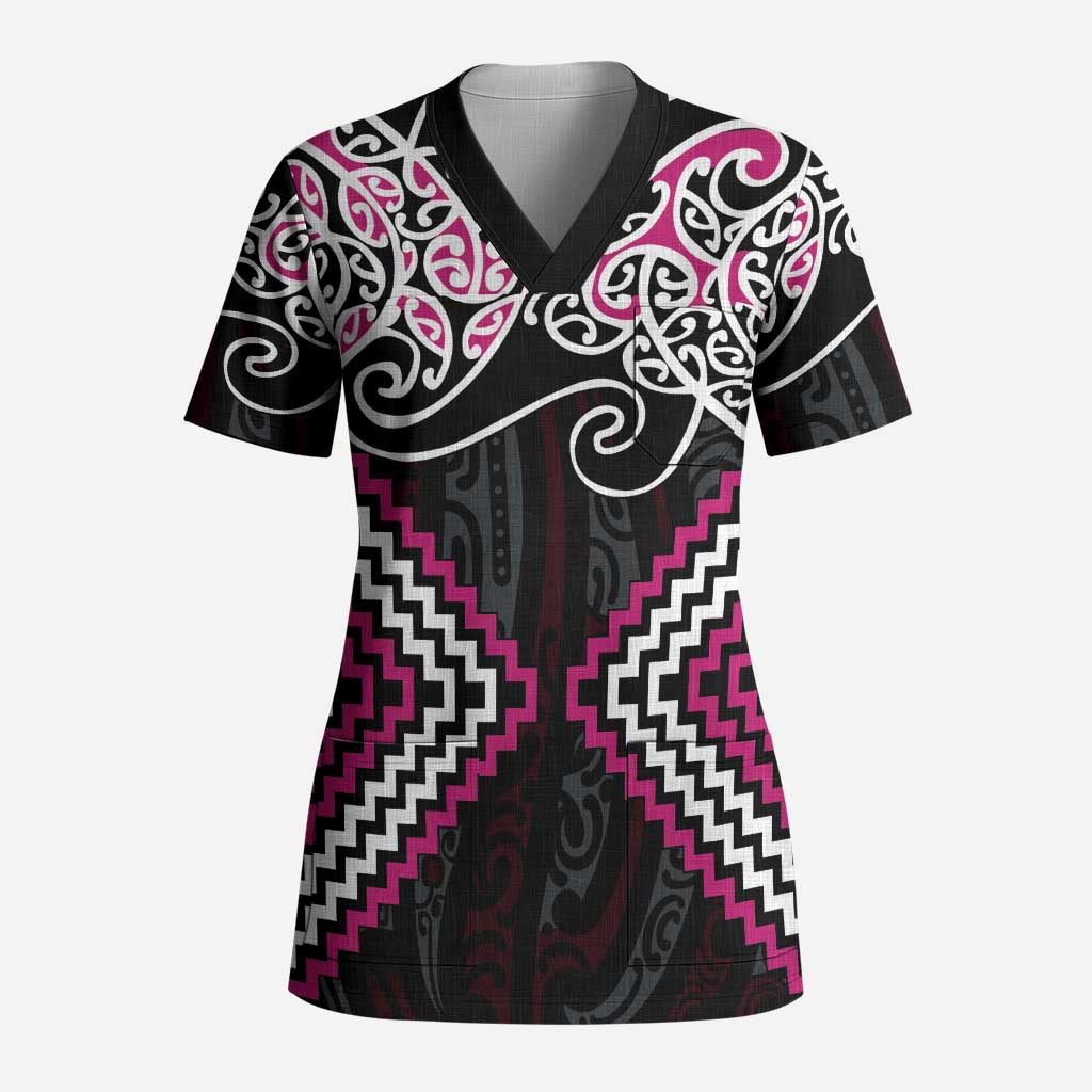 Pink Aotearoa Tukutuku Manawa Tapu Scrub Top Ta Moko Toi Maori - Polynesian Pride