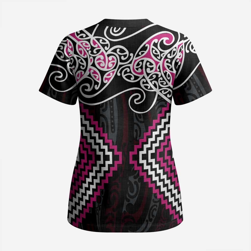 Pink Aotearoa Tukutuku Manawa Tapu Scrub Top Ta Moko Toi Maori - Polynesian Pride