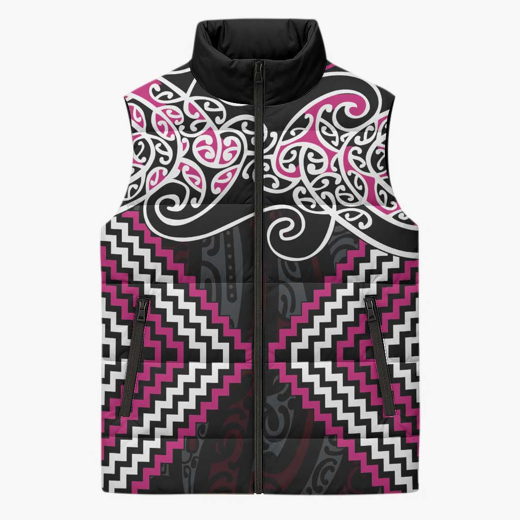 Pink Aotearoa Tukutuku Manawa Tapu Sleeveless Puffer Jacket Ta Moko Toi Maori - Polynesian Pride