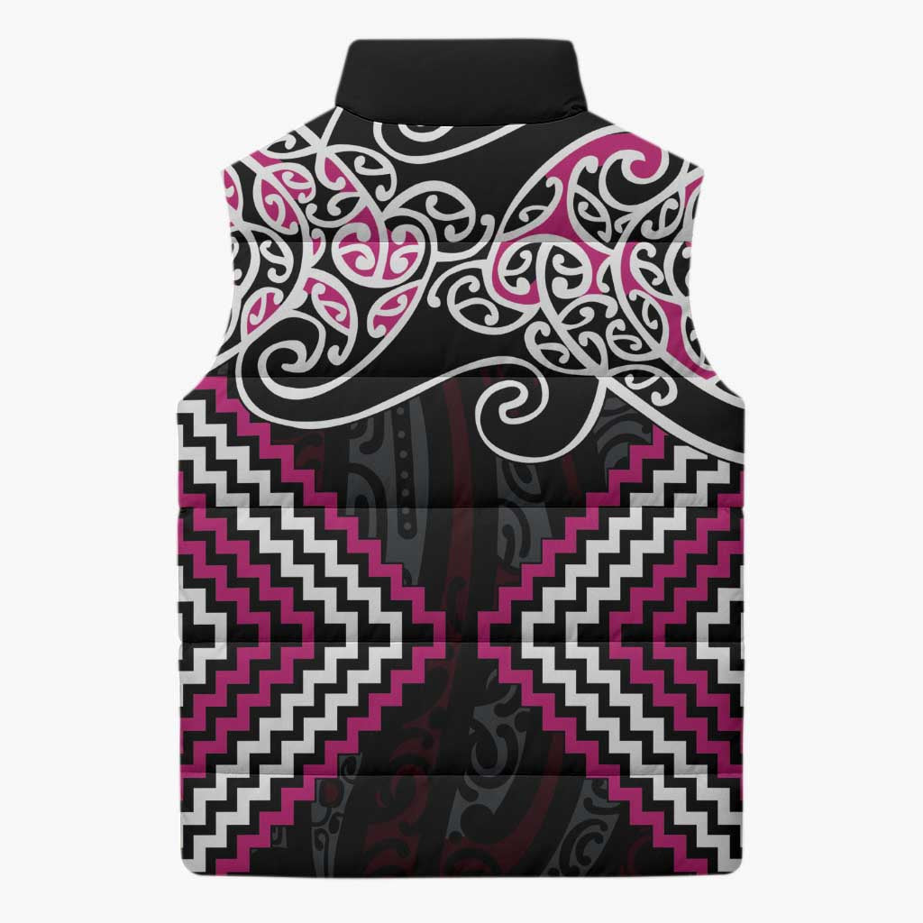 Pink Aotearoa Tukutuku Manawa Tapu Sleeveless Puffer Jacket Ta Moko Toi Maori - Polynesian Pride