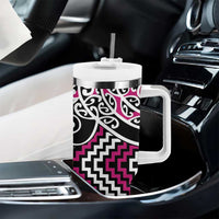 Pink Aotearoa Tukutuku Manawa Tapu Tumbler With Handle Ta Moko Toi Maori