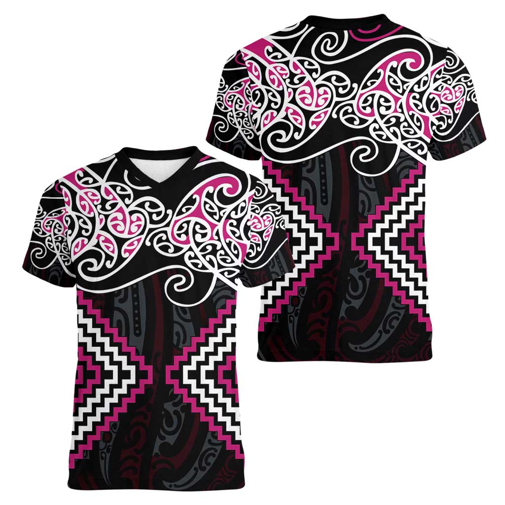 Pink Aotearoa Tukutuku Manawa Tapu Women V-Neck T-Shirt Ta Moko Toi Maori