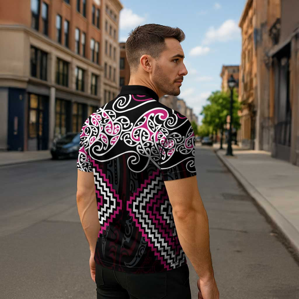 Pink Aotearoa Tukutuku Manawa Tapu Zipper Polo Shirt Ta Moko Toi Maori - Polynesian Pride