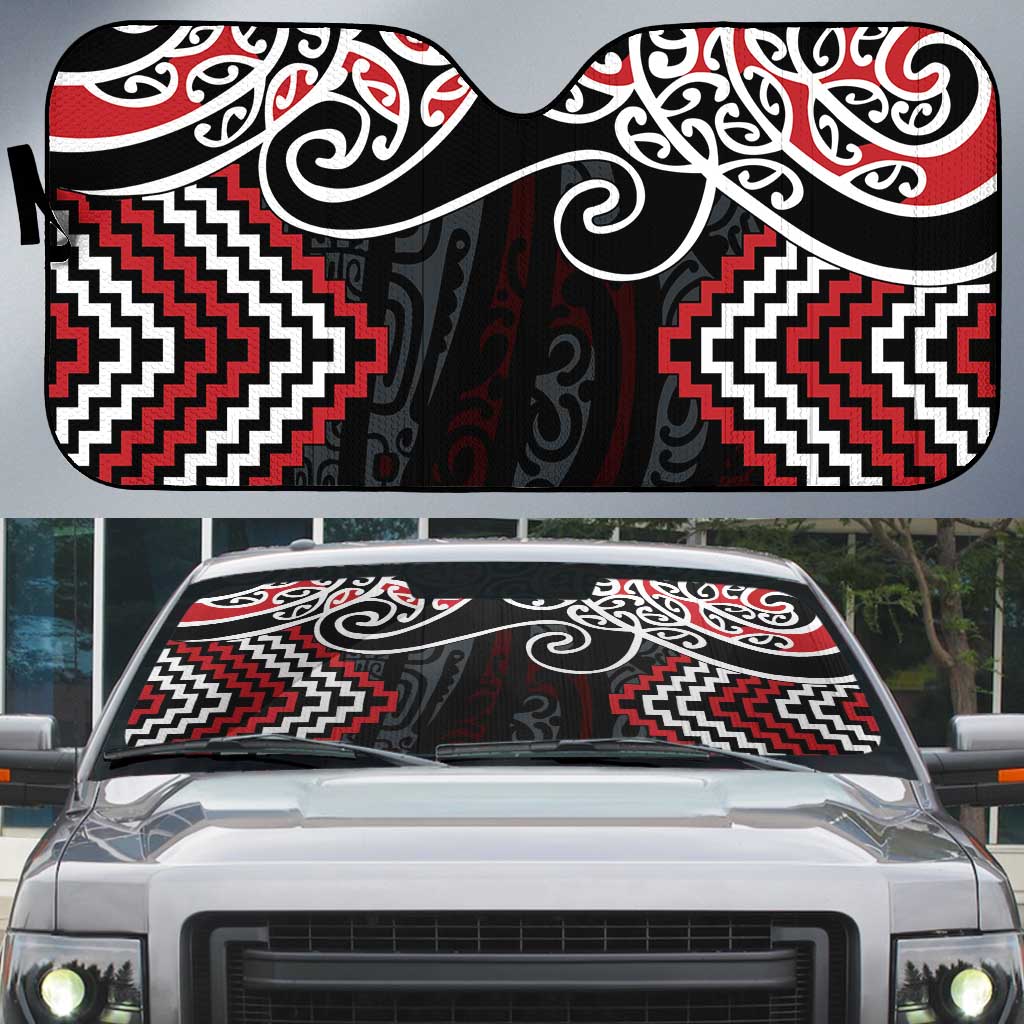 Red Aotearoa Tukutuku Manawa Tapu Auto Sun Shade Ta Moko Toi Maori - Polynesian Pride