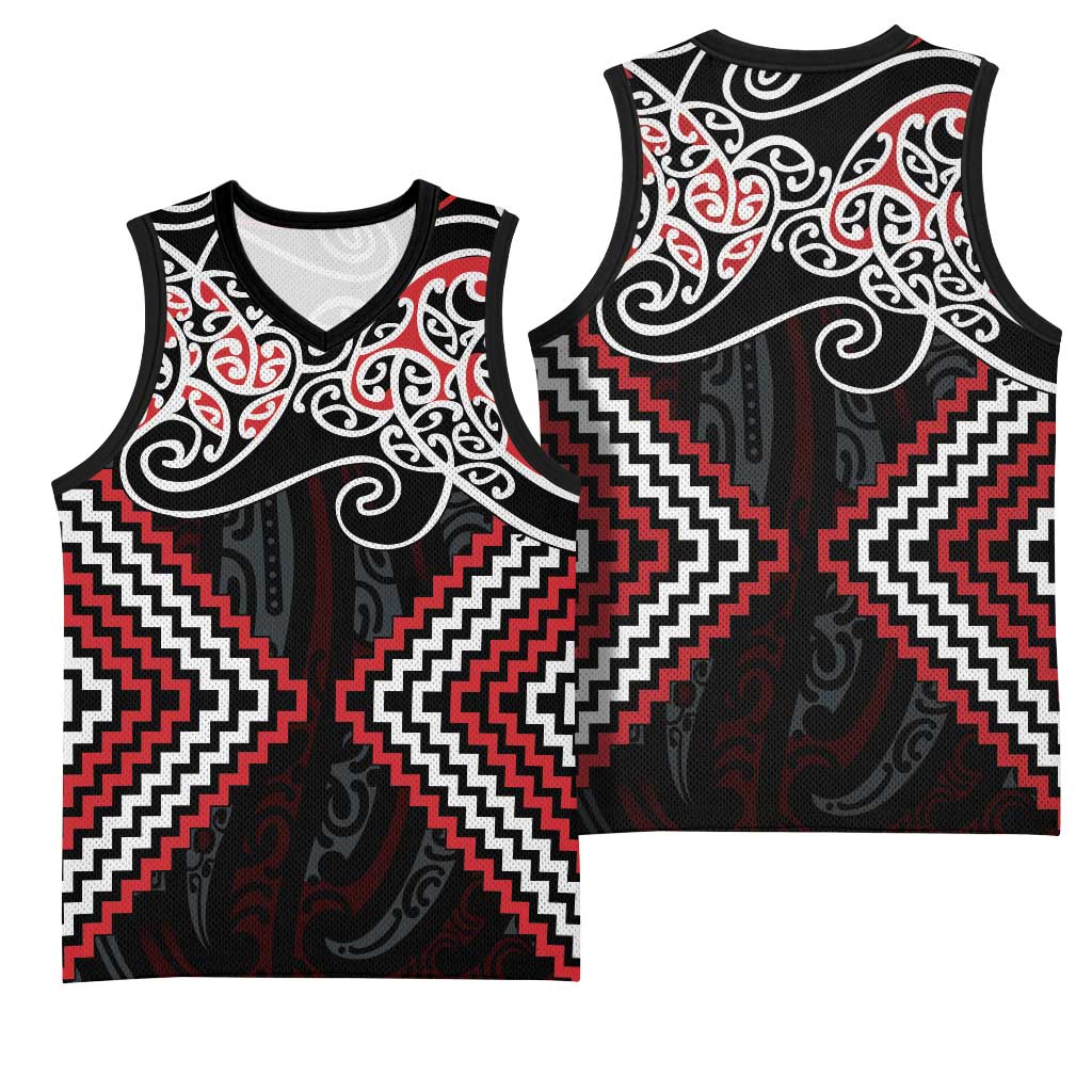 Red Aotearoa Tukutuku Manawa Tapu Basketball Jersey Ta Moko Toi Maori - Polynesian Pride