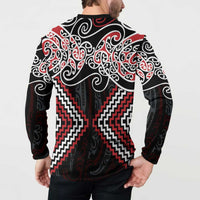 Red Aotearoa Tukutuku Manawa Tapu Button Sweatshirt Ta Moko Toi Maori