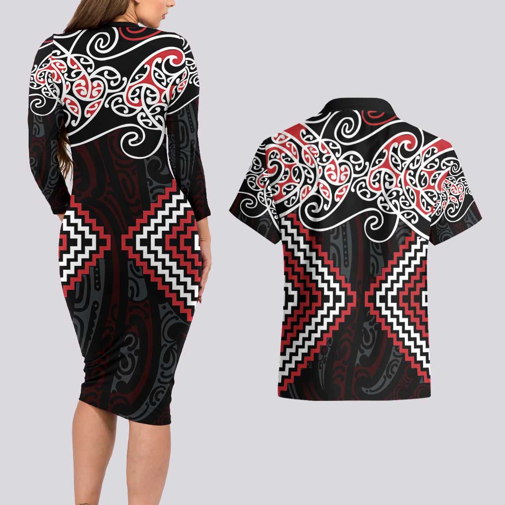 Red Aotearoa Tukutuku Manawa Tapu Couples Matching Long Sleeve Bodycon Dress and Hawaiian Shirt Ta Moko Toi Maori LT9 - Polynesian Pride