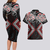 Red Aotearoa Tukutuku Manawa Tapu Couples Matching Long Sleeve Bodycon Dress and Hawaiian Shirt Ta Moko Toi Maori LT9 - Polynesian Pride