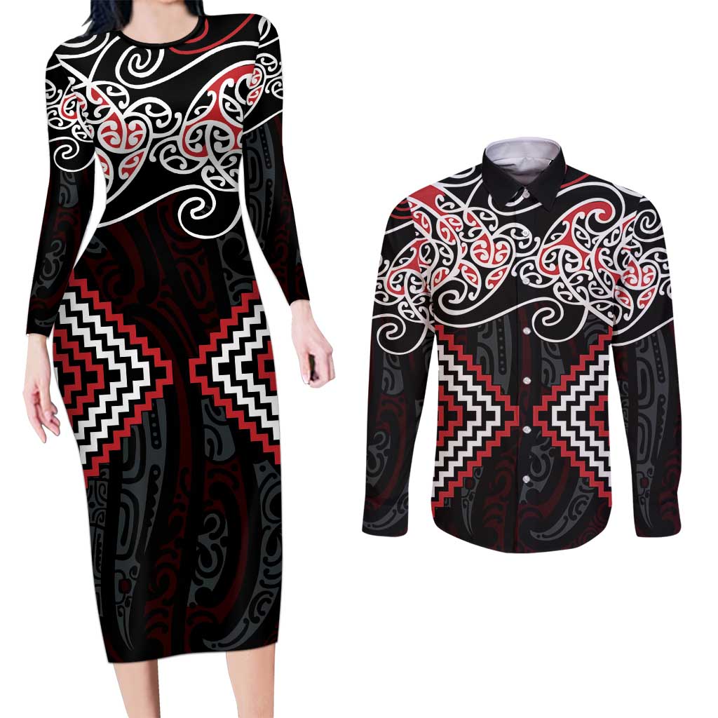 Red Aotearoa Tukutuku Manawa Tapu Couples Matching Long Sleeve Bodycon Dress and Long Sleeve Button Shirt Ta Moko Toi Maori LT9 Red - Polynesian Pride