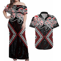 Red Aotearoa Tukutuku Manawa Tapu Couples Matching Off Shoulder Maxi Dress and Hawaiian Shirt Ta Moko Toi Maori LT9 Red - Polynesian Pride
