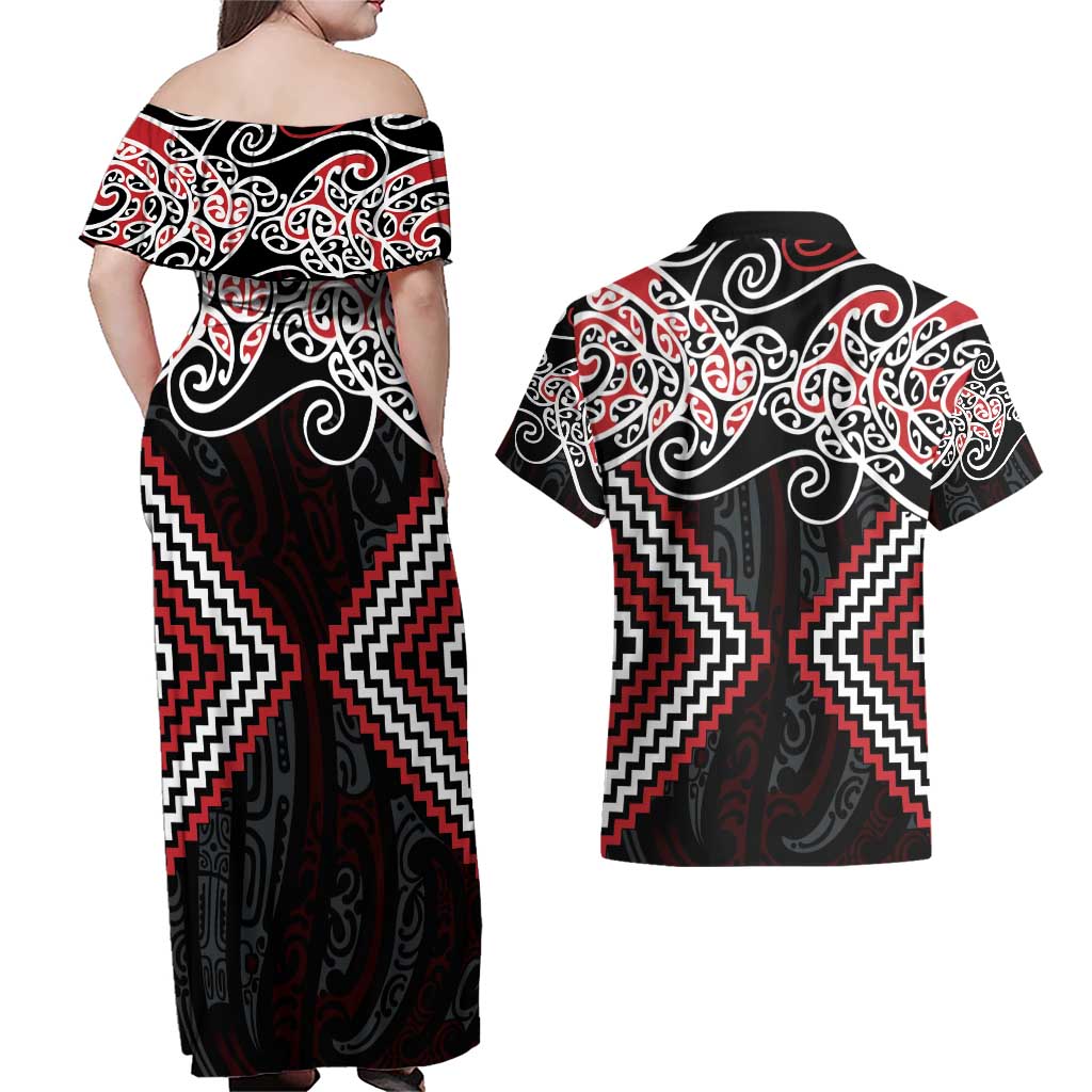 Red Aotearoa Tukutuku Manawa Tapu Couples Matching Off Shoulder Maxi Dress and Hawaiian Shirt Ta Moko Toi Maori LT9 - Polynesian Pride