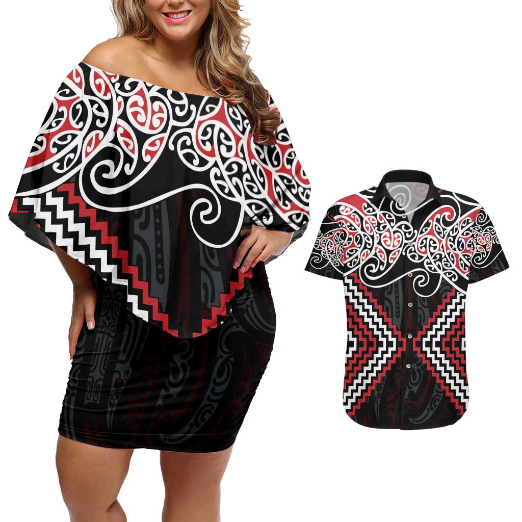 Red Aotearoa Tukutuku Manawa Tapu Couples Matching Off Shoulder Short Dress and Hawaiian Shirt Ta Moko Toi Maori LT9 Red - Polynesian Pride