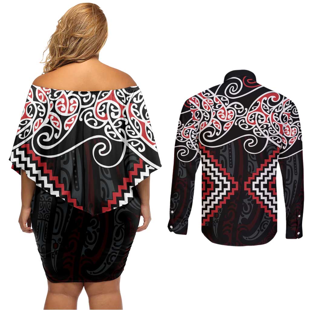 Red Aotearoa Tukutuku Manawa Tapu Couples Matching Off Shoulder Short Dress and Long Sleeve Button Shirt Ta Moko Toi Maori LT9 - Polynesian Pride
